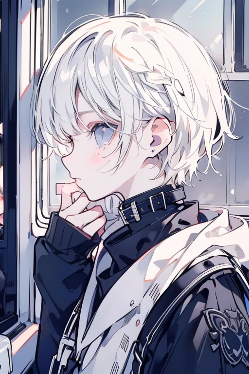 Boys, short hair, white hair, black clothes, black eyed eyes, (((put hands on chin))), (((look out of the window))),in the house,profile