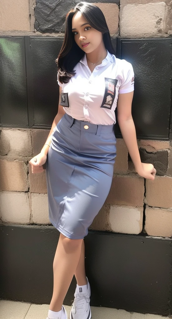 1girl, (uniform), standing, outdoors, curvy, tall, detailed face, detailed eyes, thick breasts, shiny skin, tight shirt, grey blue short skirt, looking at the audience, low angle shot,(8k, RAW photo, best quality, masterpiece: 1.2), (realistic, realistic: 1.37), ultra-high resolution
