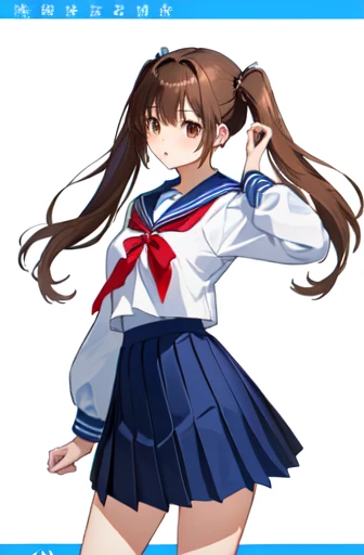 A photo showing her from her thighs to her head、Standing facing forward、One Junior High School Girl、uniform、Sailor suit、Pleated skirt、Brown Hair、Brown eyes、Twin tail hair、Young face、low length、Slender figure、Small breasts、White background