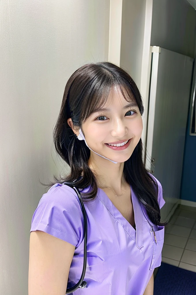 Dental hygienist wearing purple medical scrubs Japanese woman in her early 20s with black hair Upper body close-up smile Photo shoot at the clinic Harmony々