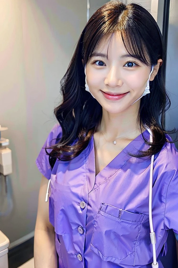 Dental hygienist wearing purple medical scrubs Japanese woman in her early 20s with black hair Upper body close-up smile Photo shoot at the clinic Harmony々