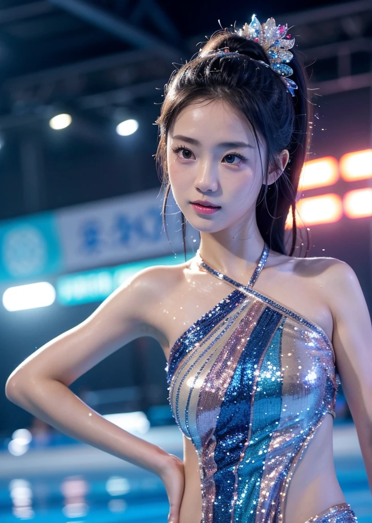 Diffuse lighting、 Highest quality, High resolution, unity 8k wallpaper、Supersaturation, Japanese、1 female、２３age、Synchronized swimming athletes、World Congress、Serious expression、Colorful costumes、Sparkly costume、