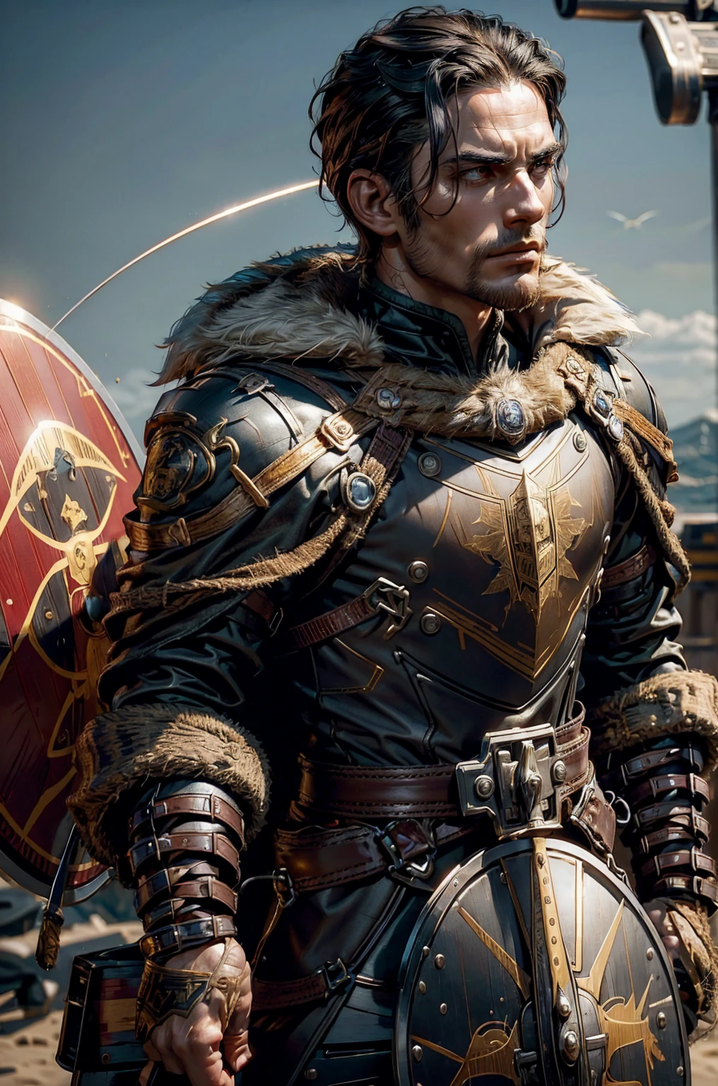 Short military buzz cut hair. A man with Dark-hair, muscular, with a fierce severe serious expression on his face, a five-o-clock shadow of a beard on his face. He's a soldier in red gold and silver armor with a kite shield with an emblem of a sword with a sunburst behind it on a red background. With a golden lion pauldron on one shoulder