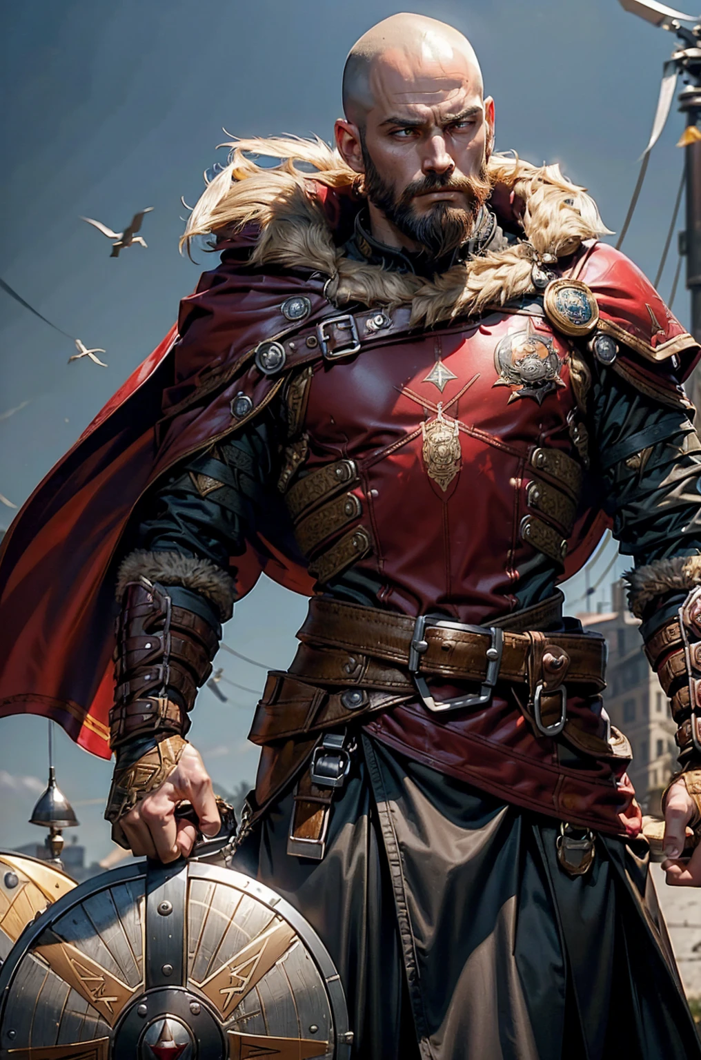 Short military buzz cut hair. A man with Dark-hair, muscular, with a fierce severe serious expression on his face, a five-o-clock shadow of a beard on his face. He's a soldier in red gold and silver armor with a kite shield with an emblem of a sword with a sunburst behind it on a red background. With a golden lion pauldron on one shoulder