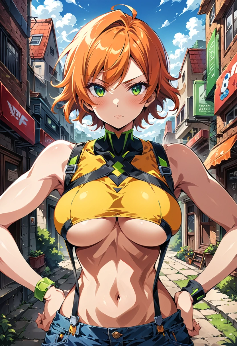 (score_9, score_8_up, score_7_up), ((best quality, masterpiece)),perfect anatomy,((aesthetic,very aesthetic)),official style,(intricate.hyper-detailed), (ultra-high resolution),source_anime.from front,(front view), focus ,standing,hands on own hips, (maturerl, Outdoor, Green Eyes, Orange Hair, , Yellow Shirt, Sleeveless shirt,((stomach)), Denim shorts, suspenders, , (slender), under_boob,unity 8llpaper.extremely detailed CG,Pokémon style,