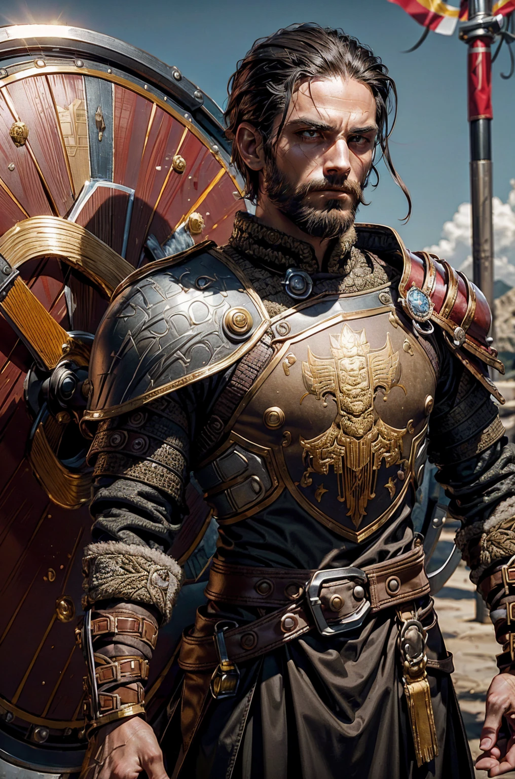 Short military buzz cut hair. A man with Dark-hair, muscular, with a fierce severe serious expression on his face, a five-o-clock shadow of a beard on his face. He's a soldier in red gold and silver armor with a kite shield with an emblem of a sword with a sunburst behind it on a red background. With a golden lion pauldron on one shoulder