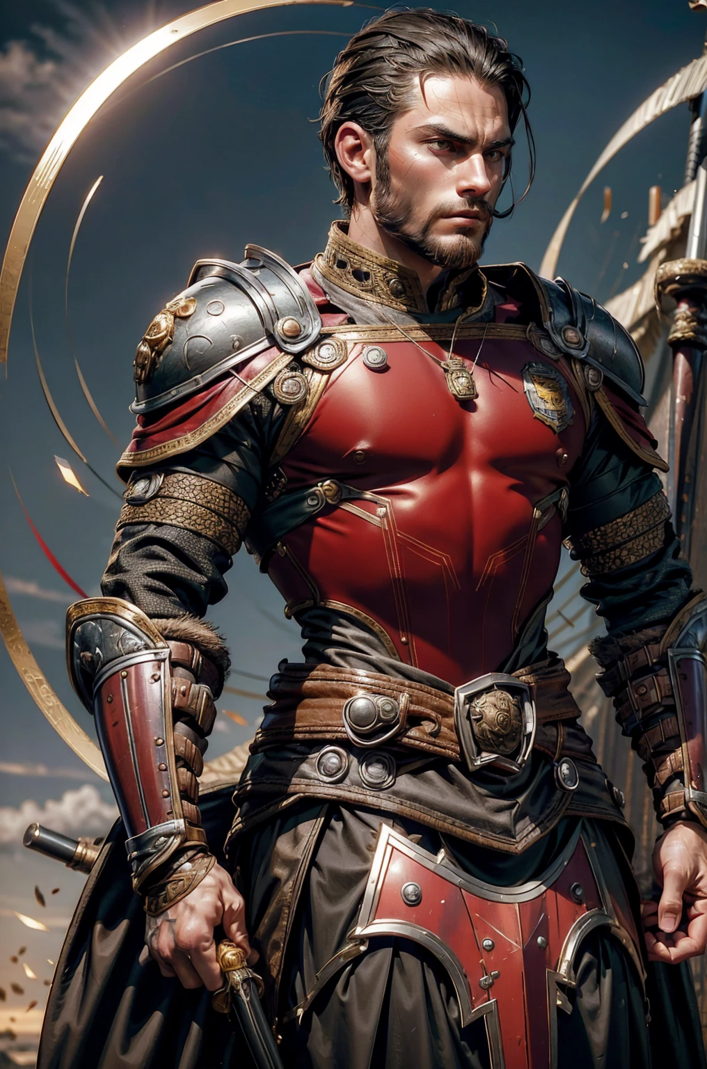 Short military buzz cut hair. A man with Dark-hair, muscular, with a fierce severe serious expression on his face, a five-o-clock shadow of a beard on his face. He's a soldier in red gold and silver armor with a kite shield with an emblem of a sword with a sunburst behind it on a red background. With a golden lion pauldron on one shoulder