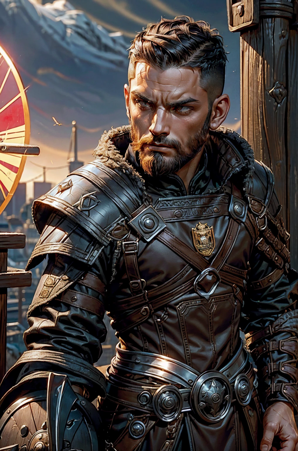 Short military buzz cut hair. A man with Dark-hair, muscular, with a fierce severe serious expression on his face, a five-o-clock shadow of a beard on his face. He's a soldier in red gold and silver armor with a kite shield with an emblem of a sword with a sunburst behind it on a red background. With a golden lion pauldron on one shoulder
