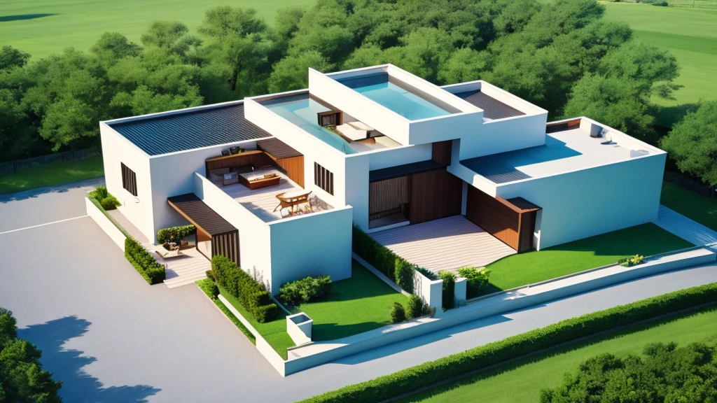 Luxurious one-story modern house ,It looks like a long horizontal container., curved,It looks like a room.,medium sized back,beautiful,On the dark green grass,Shady atmosphere,,Daytime,Bird's eye view