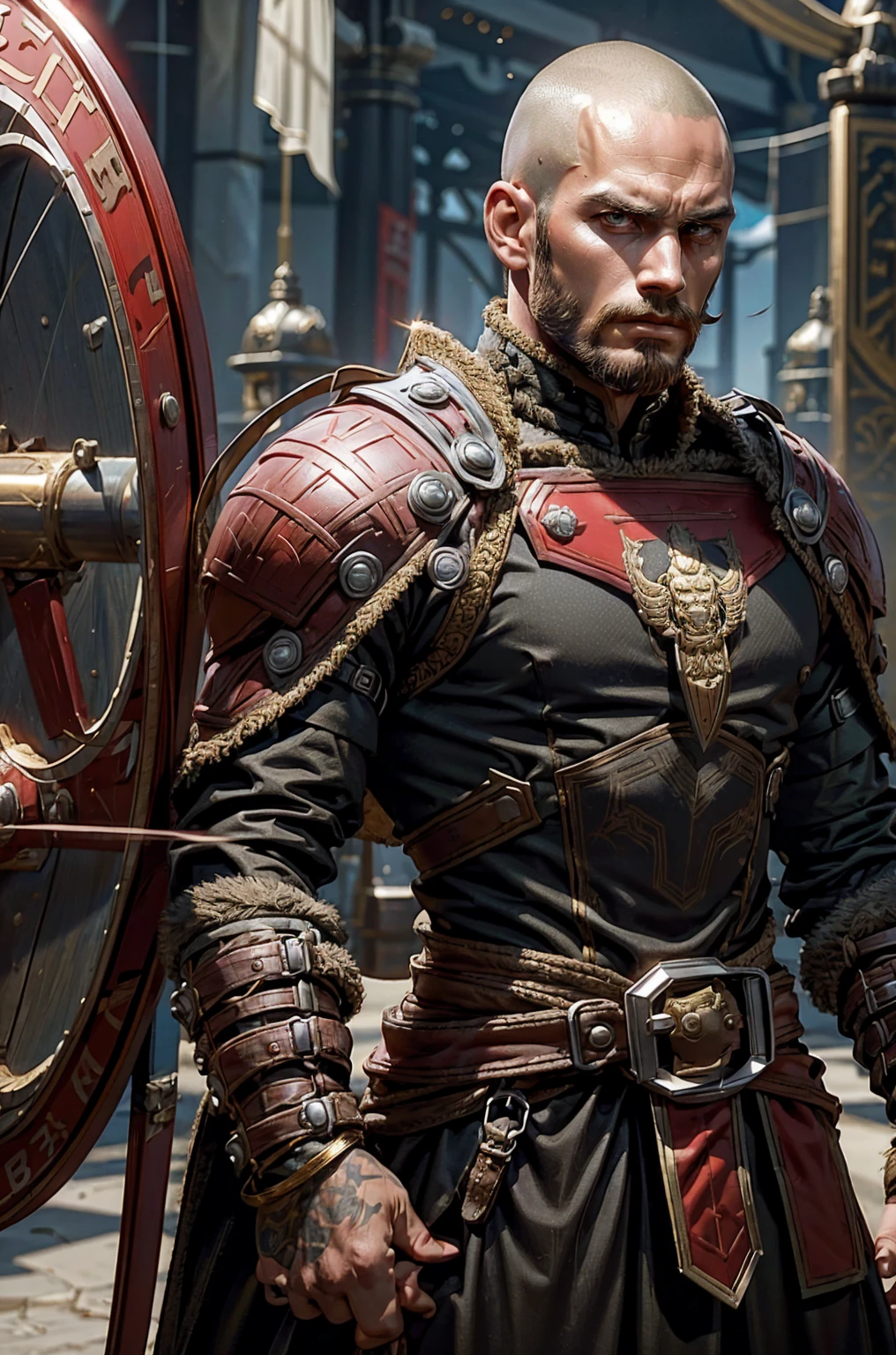 Holding a trangular kite shield with a painted emblem of a sword with a golden sunburns on the shield a Man with a Short military buzz cut hair. A man with Dark-hair, muscular, with a fierce severe serious expression on his face, a five-o-clock shadow of a beard on his face. He's a soldier in red gold and silver armor with a kite shield with an emblem of a sword with a sunburst behind it on a red background. With a golden lion pauldron on one shoulder