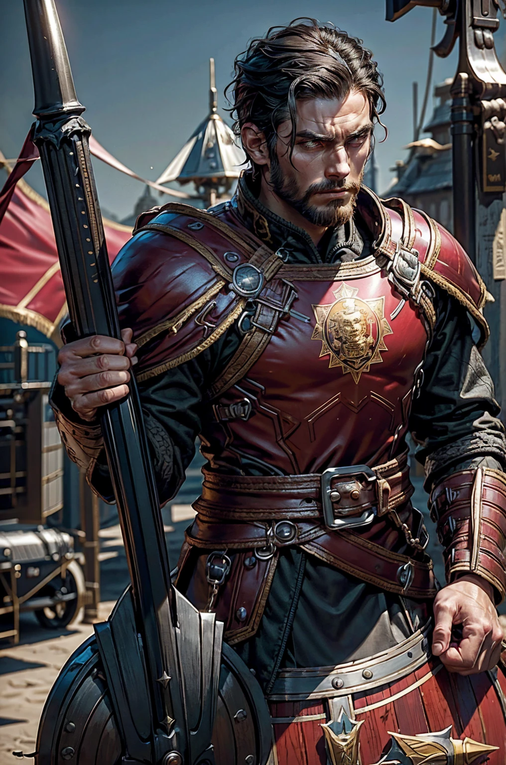 Holding a trangular kite shield with a painted emblem of a sword with a golden sunburns on the shield a Man with a Short military buzz cut hair. A man with Dark-hair, muscular, with a fierce severe serious expression on his face, a five-o-clock shadow of a beard on his face. He's a soldier in red gold and silver armor with a kite shield with an emblem of a sword with a sunburst behind it on a red background. With a golden lion pauldron on one shoulder