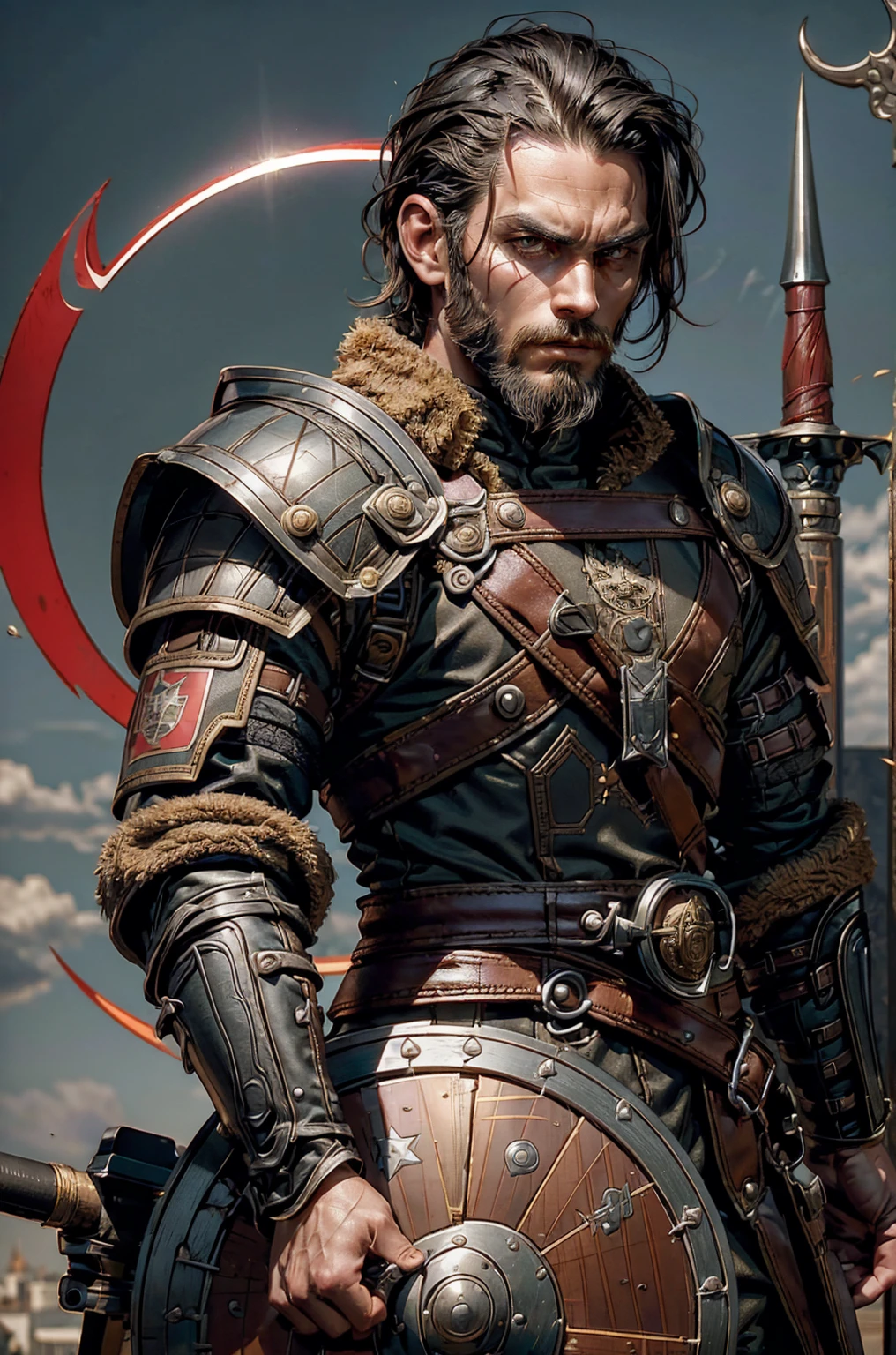 Short military buzz cut hair. A man with Dark-hair, muscular, with a fierce severe serious expression on his face, a five-o-clock shadow of a beard on his face. He's a soldier in red gold and silver armor with a kite shield with an emblem of a sword with a sunburst behind it on a red background. With a golden lion pauldron on one shoulder