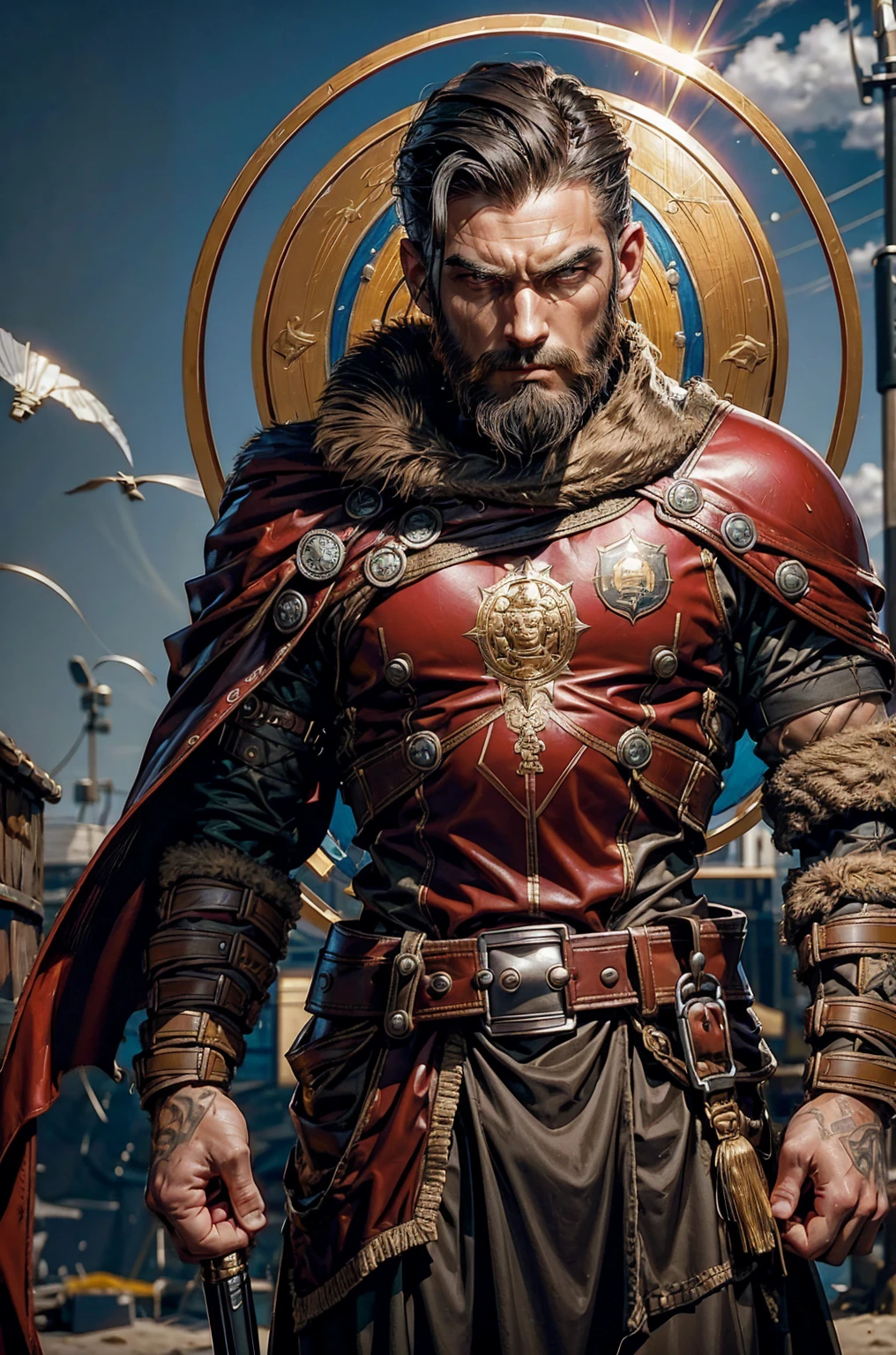 Short military buzz cut hair. A man with Dark-hair, muscular, with a fierce severe serious expression on his face, a five-o-clock shadow of a beard on his face. He's a soldier in red gold and silver armor with a kite shield with an emblem of a sword with a sunburst behind it on a red background. With a golden lion pauldron on one shoulder