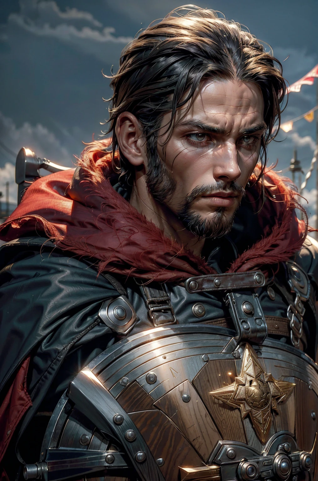 Short military buzz cut hair. A man with Dark-hair, muscular, with a fierce severe serious expression on his face, a five-o-clock shadow of a beard on his face. He's a soldier in red gold and silver armor with a kite shield with an emblem of a sword with a sunburst behind it on a red background. With a golden lion pauldron on one shoulder