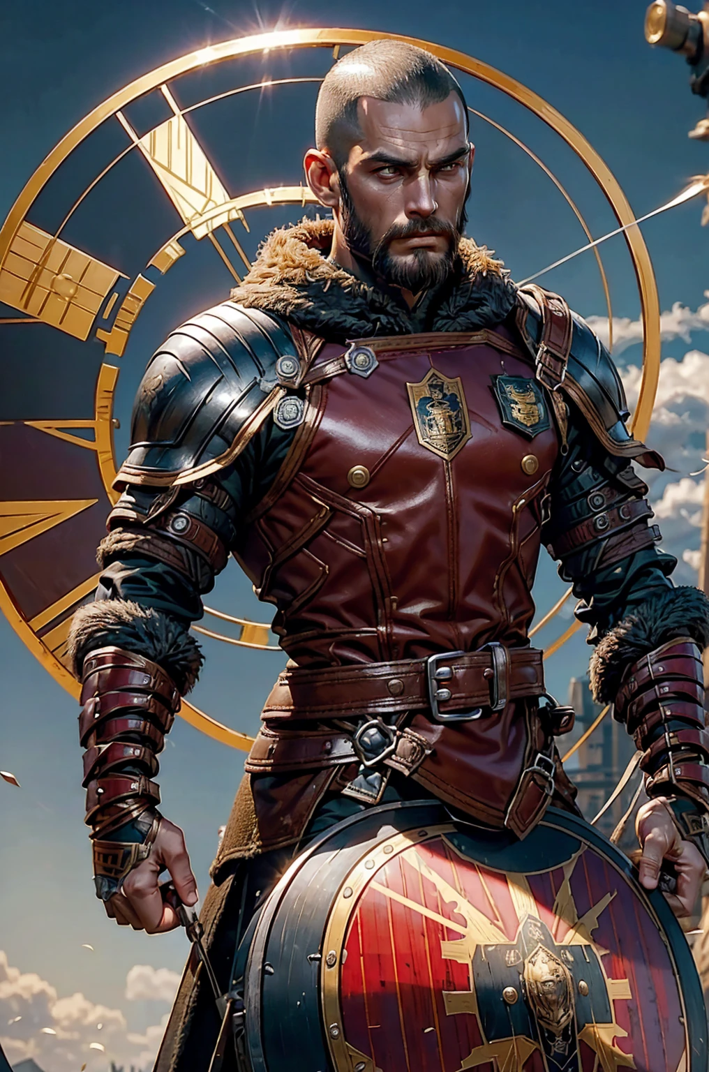 Holding a trangular kite shield with a painted emblem of a sword with a golden sunburns on the shield a Man with a Short military buzz cut hair. A man with Dark-hair, muscular, with a fierce severe serious expression on his face, a five-o-clock shadow of a beard on his face. He's a soldier in red gold and silver armor with a kite shield with an emblem of a sword with a sunburst behind it on a red background. With a golden lion pauldron on one shoulder