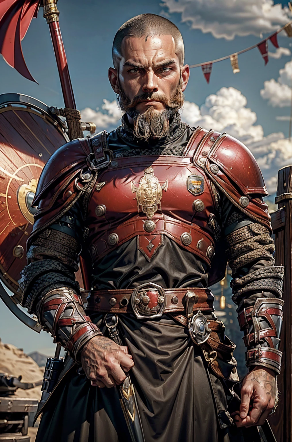 Short military buzz cut hair. A man with Dark-hair, muscular, with a fierce severe serious expression on his face, a five-o-clock shadow of a beard on his face. He's a soldier in red gold and silver armor with a kite shield with an emblem of a sword with a sunburst behind it on a red background. With a golden lion pauldron on one shoulder