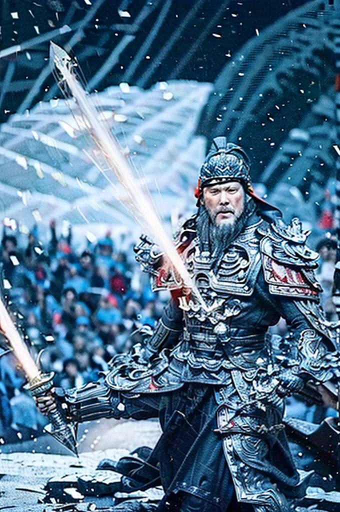 A heroic warrior named Erlang Shen in shining silver armor, wielding a three-pronged two-edged blade that dances like the wind, battles the immensely powerful Ox Demon King against a stormy, dramatic sky, their clash resulting in an explosion of divine light and cosmic upheaval, until Erlang's piercing divine gaze overcomes the Ox Demon, securing victory in an epic, legendary confrontation.