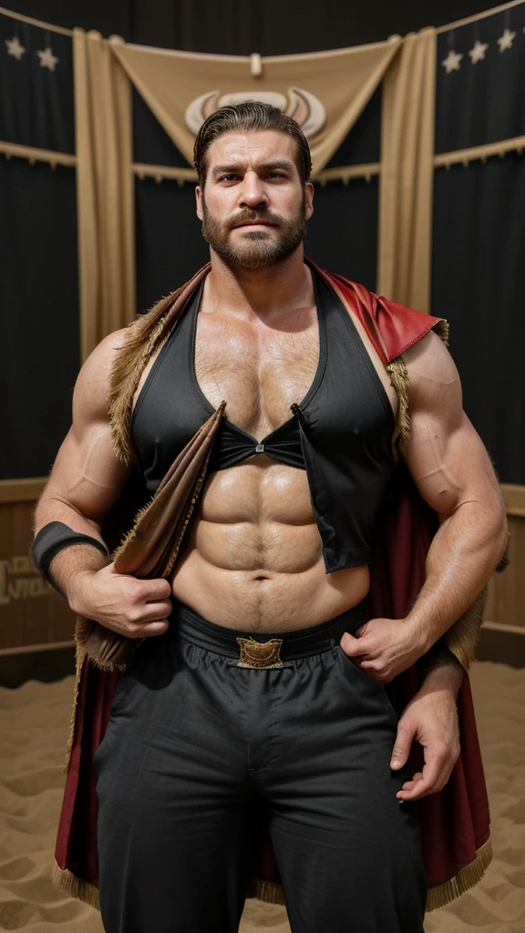 generates a man, very handsome, with marked and perfect fractions with a short beard, his body is muscular and very hairy, he is very sweaty all over his body, he wears a bullfighter's suit, his vest is unbuttoned, revealing his abdomen a little, he has a very large red cape in his hand, which hangs and next to him there is a bull (animal), a very large black bull, he is in a space full of sand, and around him there are many people applauding