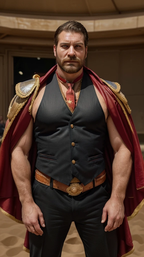 generates a man, very handsome, with marked and perfect fractions with a short beard, his body is muscular and very hairy, he is very sweaty all over his body, he wears a bullfighter's suit, his vest is unbuttoned, revealing his abdomen a little, he has a very large red cape in his hand, which hangs and next to him there is a bull (animal), a very large black bull, he is in a space full of sand, and around him there are many people applauding