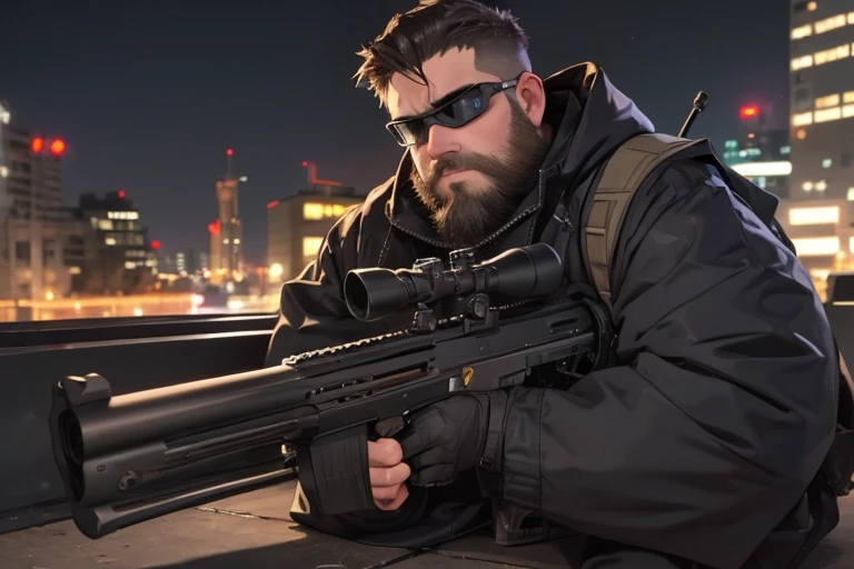 One boy, beard, Glasses, obesity, Urban rooftops, sniper rifle, professional, Cool look, Tactical Equipment, quiet night, Aiming, Black Coat, Magazine pouch, Kneeling, silhouette, Urban Lights, Night vision goggles, Military boots