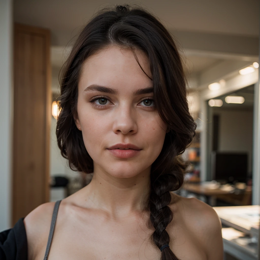 upper body photo of a woman, indoors, braids:1.2, naked, amazing photograph, DSLR, 80mm Sigma f2, depth of field, intricate natural lighting