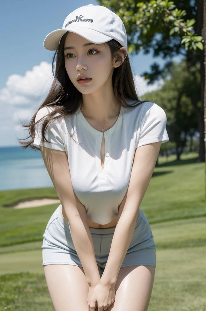 \[(masterpiece, highest quality)\], highest quality, focused on the face, soft light, \[realistic:1.4\],[big ,1.4], surreal, very natural, clear photo, very detailed, in detail, highest resolution, 8K wallpaper, complete dynamic composition, looking far away, blue sky, fluffy clouds, beautiful detailed eyes, natural lips, sexy golf outfit, standing, incredibly large breasts, lifted hips, random sexy pose, full body, whole body, natural makeup, laughing, natural gaze, a woman wearing a golf cap that hides her forehead, female golfer, wearing a random colored golf skirt, looking sideways, slightly revealing the chest, not showing the fingers, wearing a random colored tight shirts.,photorealistic portrait,photorealistic,under wears