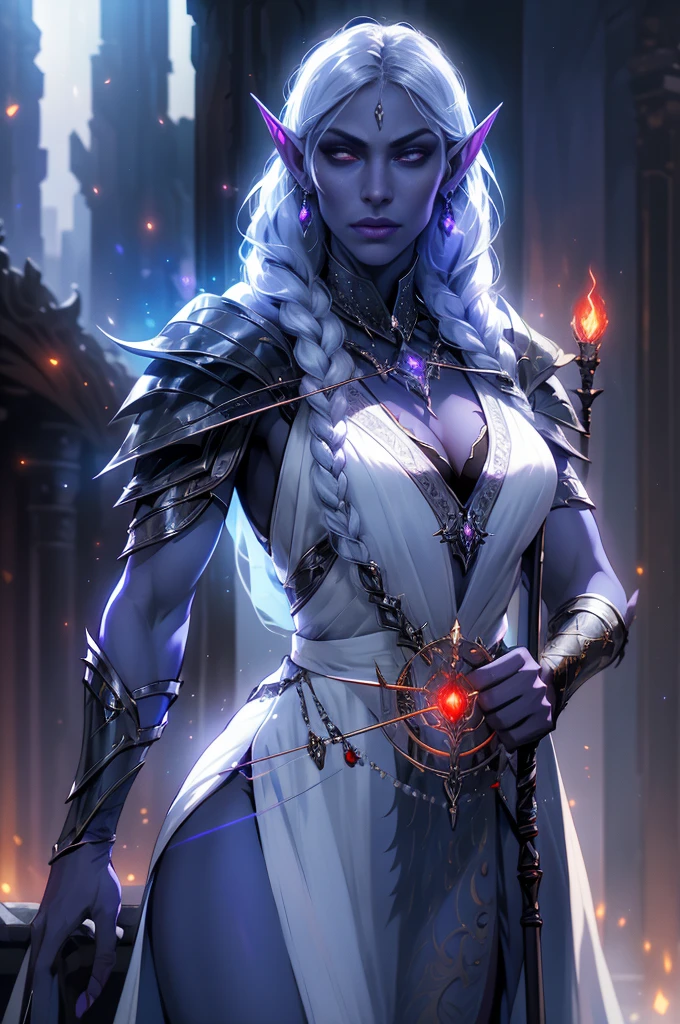 1girl, sexy drow, purple-blue skin, pale silver long elaborate braids, ((red eyes)), jewels, elf ears, earrings, ((white sorceress sexy dress)), ((wields staff)), ((cast light magic)), on a roof of scyscraper, athletic, volumetric lighting, best quality, masterpiece, realistic, anatomically correct, (strong cinematic lighting), stunning details, intricate details, 8k post-production, High resolution, super details, trending on ArtStation, sharp focus, depth of field f/1.8, studio photos, (((looking at camera)))