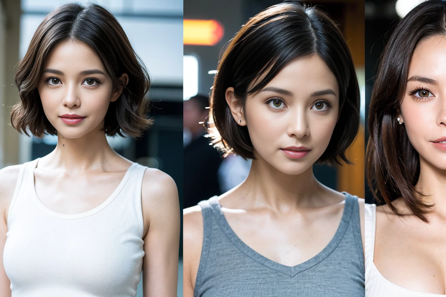 （Realistic:1.2）,(masterpiece,Highest quality)，8k,((2人のwoman)),40 years old,Tight waist,Big Hips,Perfect Anatomy, Brown Hair, Short Hair,Random Hairstyles,((Highly detailed face and eyes:1.2))(Cute Face:1.4)，Beautiful actress face，Perfect golden ratio face，woman&#39;suit、Nice,(smile:1.2)、