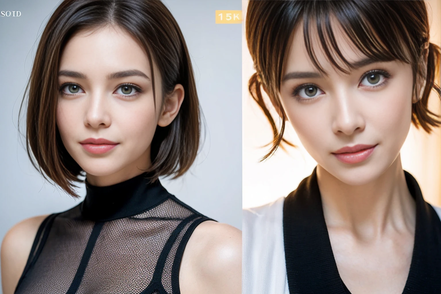 （Realistic:1.2）,(masterpiece,Highest quality)，8k,((2人のwoman)),40 years old,Tight waist,Big Hips,Perfect Anatomy, Brown Hair, Short Hair,Random Hairstyles,((Highly detailed face and eyes:1.2))(Cute Face:1.4)，Beautiful actress face，Perfect golden ratio face，woman&#39;suit、Nice,(smile:1.2)、
