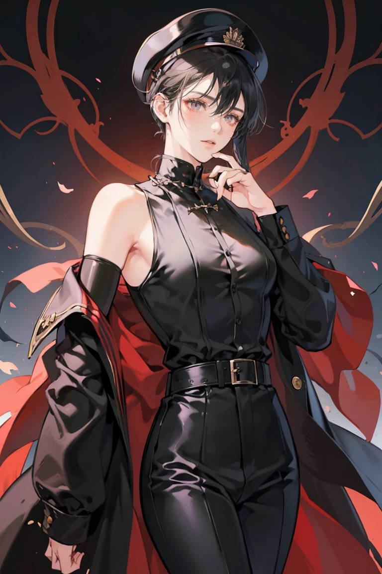 Anime - (masterpiece), 1boy, 1girl, the boy has seductive eyes, the boy has a mature face with black eyes, he has a mid length slicked back black haircut, he wears a plain black t-shirt with black pants, the boy is a tall man with long legs, he's masculine, he has a massive body, adult-like, bad boy, the girl has small sexy eyes, mature face, she has dark red eyes, she has a short black hair, she has a long mature face, she wears a black suit with a black coat, she wears a peaked cap, tall woman, long legs, adult-like female, big breast