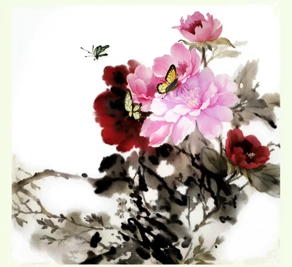 A painting with a flower and a butterfly on a white background, Chinese painting style, traditional chinese Ink Painting, traditional Chinese painting, chinese Ink Painting, Traditional Chinese Art, Chinese style, Chinese painting, Ink Painting ) ) ) ), Traditional Chinese Watercolor, Chinese watercolor style, Zhu Derun, by Liao Chi-chun, author：Ju Lian