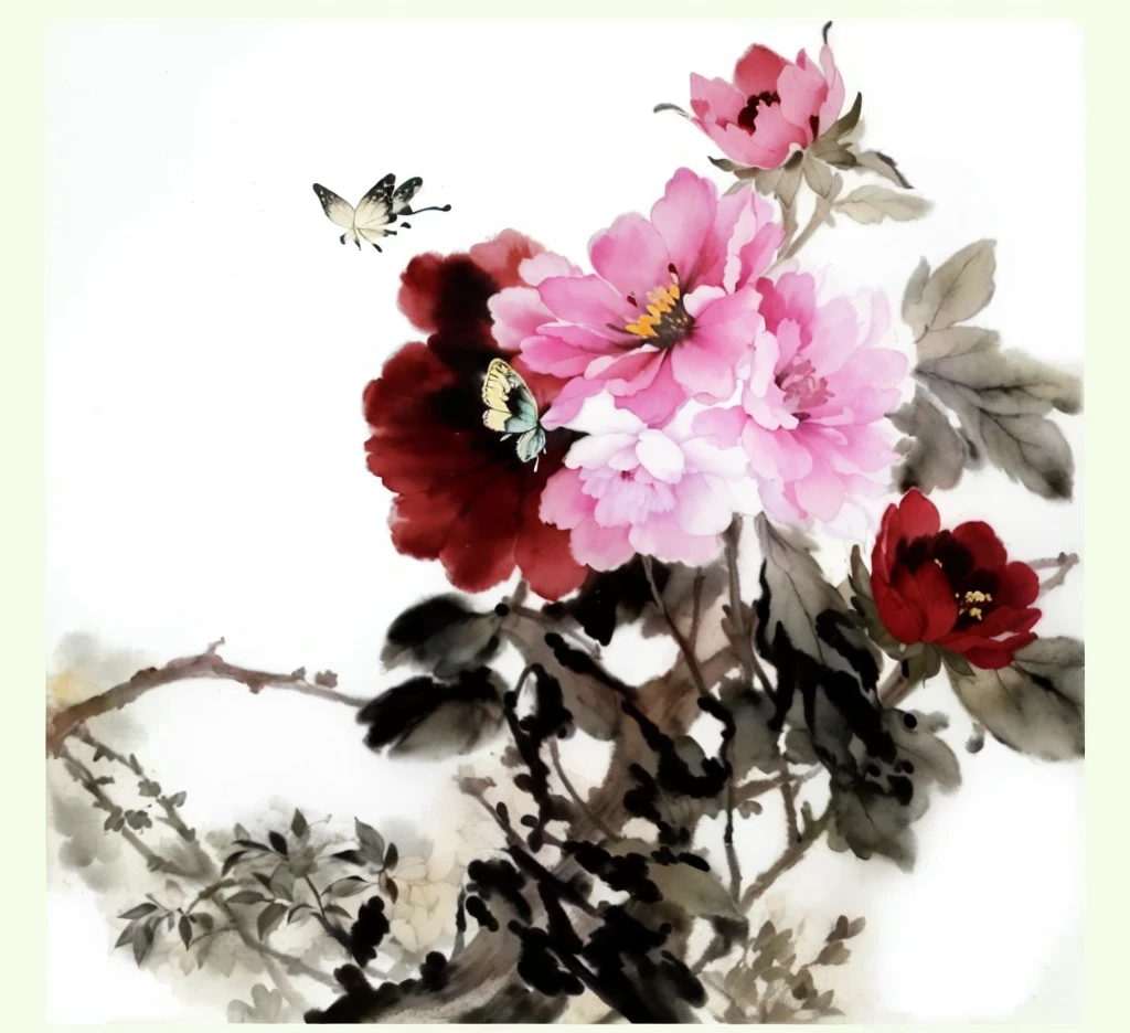 A painting with a flower and a butterfly on a white background, Chinese painting style, traditional chinese Ink Painting, traditional Chinese painting, chinese Ink Painting, Traditional Chinese Art, Chinese style, Chinese painting, Ink Painting ) ) ) ), Traditional Chinese Watercolor, Chinese watercolor style, Zhu Derun, by Liao Chi-chun, author:Ju Lian