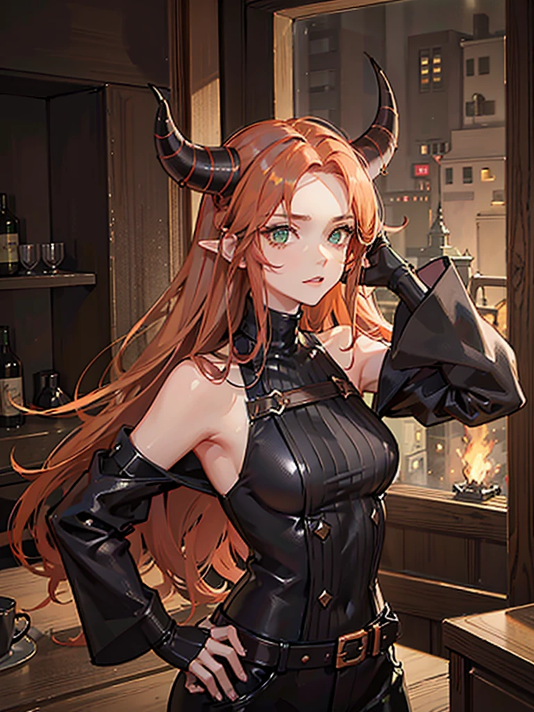 Girl with copper-amber hair, dark green eyes , simple sexy dark clothes, sly facial expression, , on the head there are black small demonic horns, average build , belt art , high detail studio light