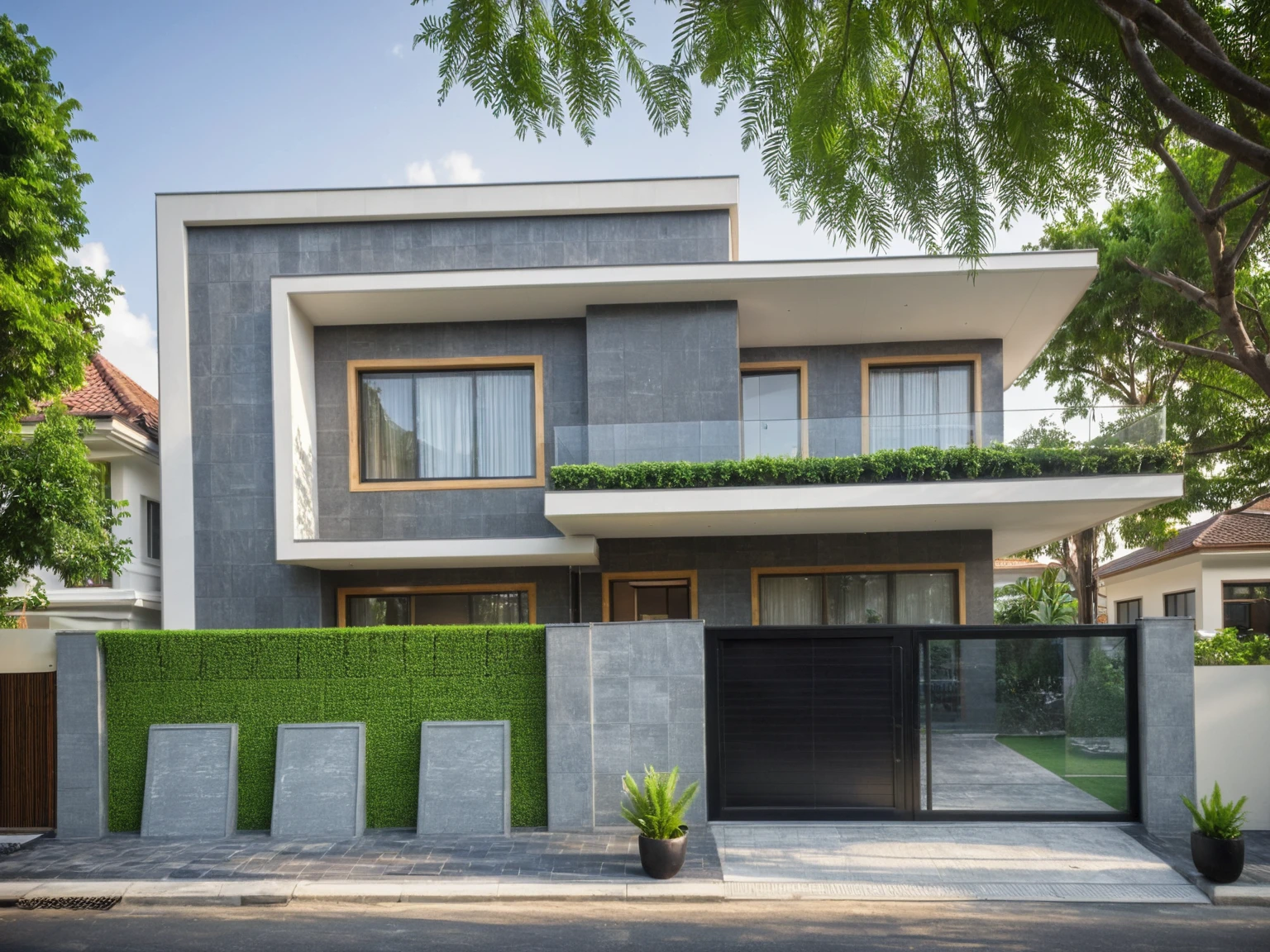 modern villa on street, (daylight), tropical tree, green shrub and plants, vivid color, streetcapes, minimalist design, brigth grey tone, large glass door, warm interior lighting, modern material, best quality, ultra realistic, masterpiece, 17ArchiAI_XL_VL-v1