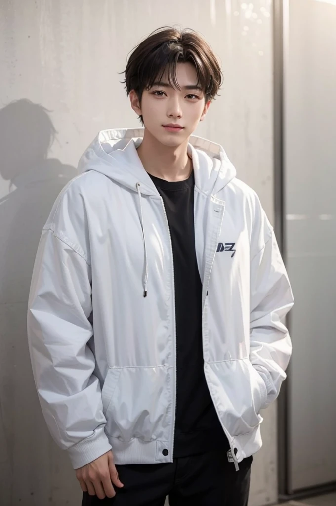 Hair parted slightly to the right of the center。Specify the details of the image you want to generate.。 1. background: - シンプルなグラデーションbackground、Or White Gradient 2. model: - Young man、Professional and friendly expression 3. clothing: - Wearing a white jacket with a hood - The jacket has「EARTH」- A black hoodie underneath the jacket.. Pause: - modelの左手を肩の高さで上げ、手のひらを上向きにして何かを紹介しているPause - 右手はリラックスして体の横に下げている 5. facial expressions and gaze: - His face is facing the camera.、- Looking directly into the camera - Smiling with a warm, confident look Generate an image that reflects these details。