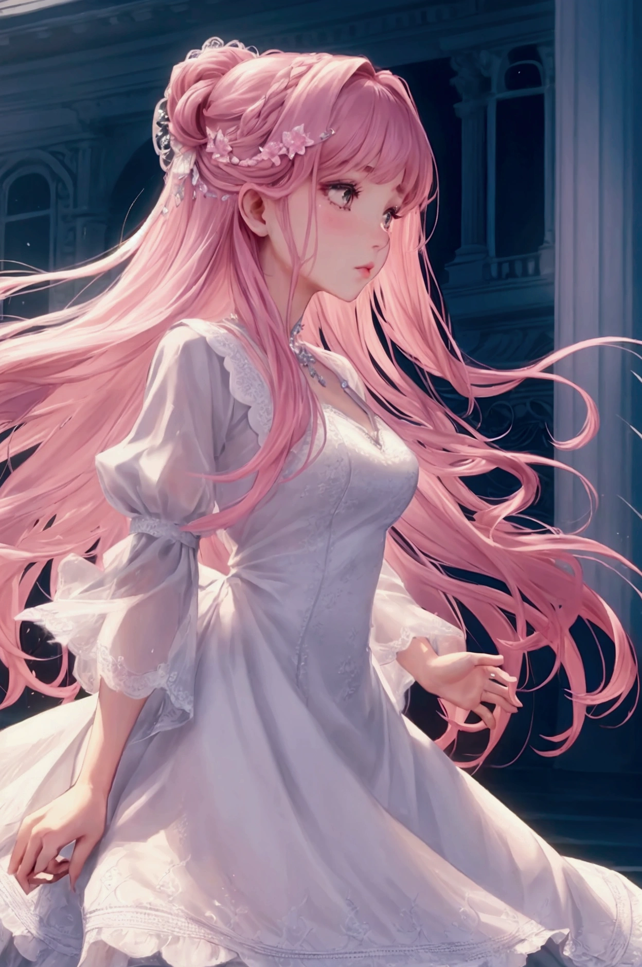 Beautiful woman staring into the distance、Sad look、I extend my right hand tentatively.、Dress up in a gorgeous dress、Gorgeous lace、Gorgeous hair ornament、Rainbow long hair、Long hair fluttering in the wind、Pink lips、