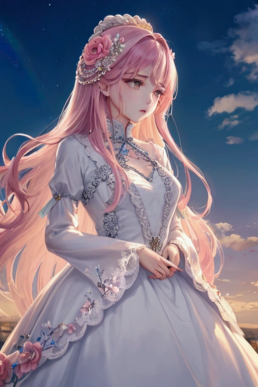 Beautiful woman staring into the distance、Sad look、I extend my right hand tentatively.、Dress up in a gorgeous dress、Gorgeous lace、Gorgeous hair ornament、Rainbow long hair、Long hair fluttering in the wind、Pink lips、