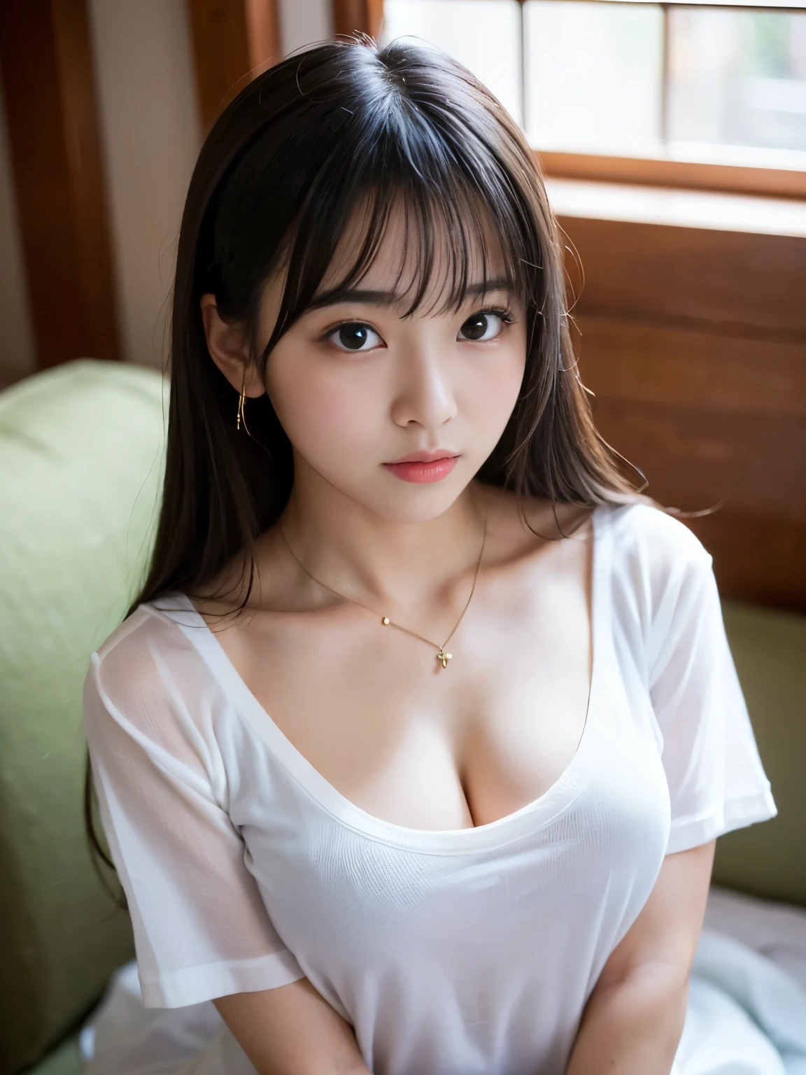 (Best-quality, Masterpiece, Ultra-High-Resolution, (Photorealistic:1.4), Raw Photo, depth of field, professional lighting, perfect anatomy, extremely details), front-view, from above, upper body, 1girl, -yeld, thost famous Japanese idol, ((in extremely cute interior room)), ((wearing loose-fitting T-shirt with deep-neckline)), (extremely cute face like the most popular Japanese idol, ((extremely cute and extremely big black eyes)), extremely beautiful black-long-hair, ((extremely beautiful and extremely realistic skins)), extremely cute long-eyelashes, extremely cute lips, extremely cute body), leaning forward