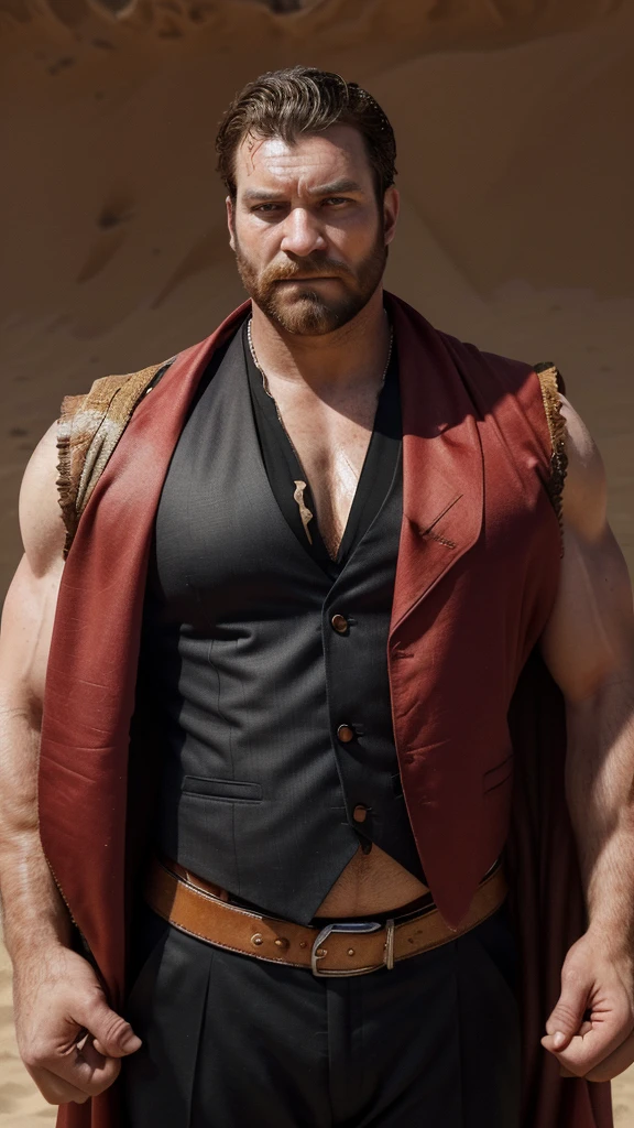 generates a man, very handsome, with marked and perfect fractions with a short beard, his body is muscular and very hairy, he is very sweaty all over his body, he wears a bullfighter's suit, his vest is unbuttoned, revealing his abdomen a little, he has a very large red cape in his hand, which hangs and next to him there is a bull (animal), a very large black bull, he is in a space full of sand, and around him there are many people applauding