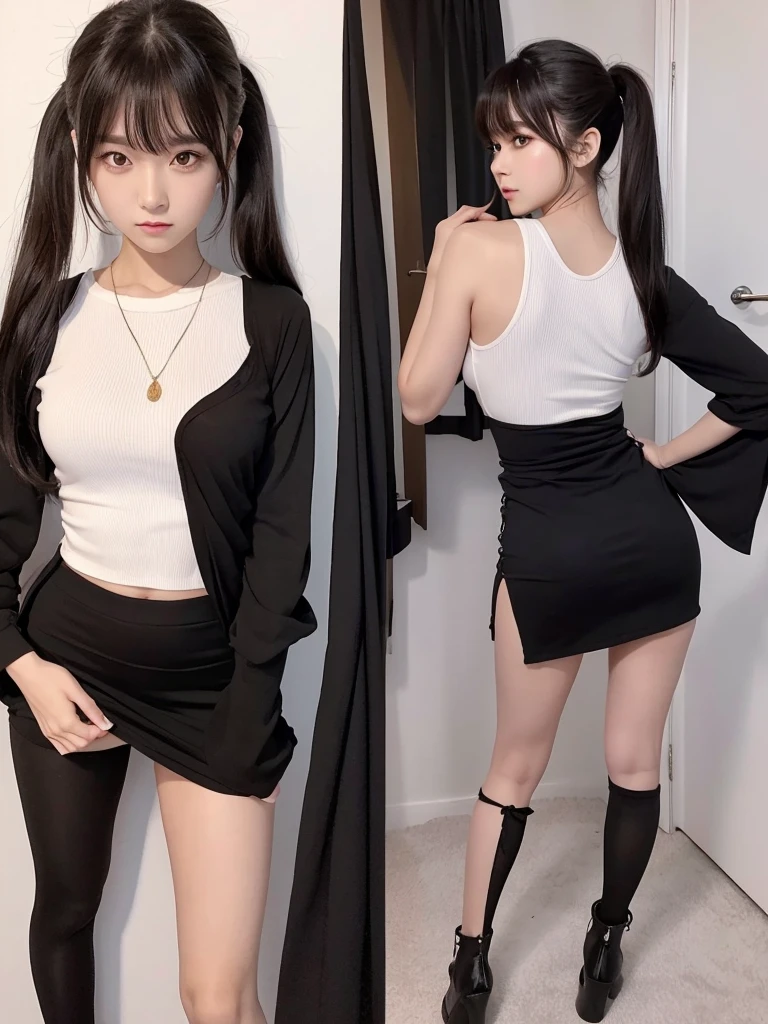 Standing pose Anime drawing with clear colors Tall woman:1.9 Black and red idol-style outfit, miniskirt, troubled face, glaring, wrinkles on eyebrows, tears, flushed cheeks, night:1.3 Apartment bedroom, white sheets, short black hair, ponytail:1.traight hair, bangs swept to the side:1.9. Slanted eyes, brown eyes, tall, strong-willed, beautiful