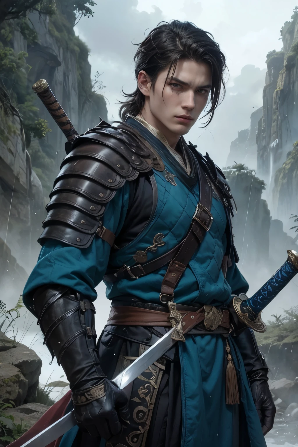 A male savage in blue clothes holding a sword々New image, Handsome men from Demon Slayer, charlie bowater and mark brooks, Neo-artcore and Charlie Bowter, Jan J, Charlie Bowater's art style, Edmund Blair and Charlie Bowater, Swordsman, Zhao Yun, Ross Tran and Bayard Wu, Charlie Bowter's Style