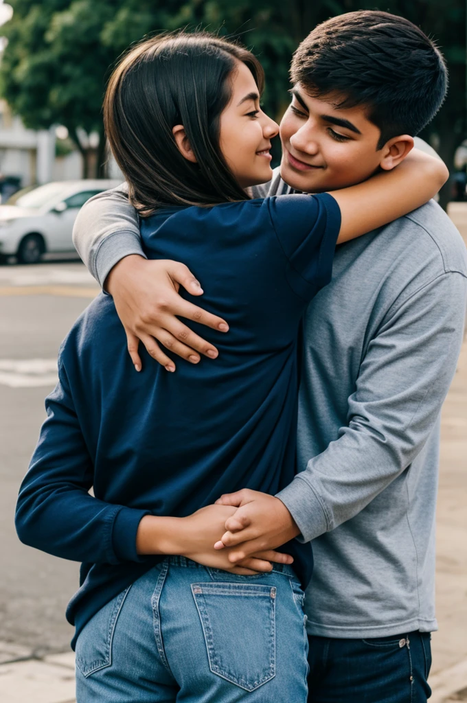 boy standing behind a girl hugging another guy