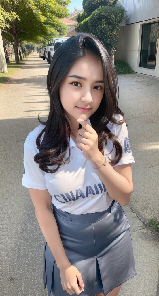 1girl, (uniform), standing, outdoors, curvy, tall, detailed face, detailed eyes, thick breasts, shiny skin, tight shirt, grey blue short skirt, looking at the audience, low angle shot,(8k, RAW photo, best quality, masterpiece: 1.2), (realistic, realistic: 1.37), ultra-high resolution