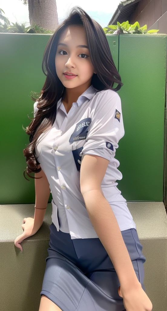 1girl, (uniform), standing, outdoors, curvy, tall, detailed face, detailed eyes, thick breasts, shiny skin, tight shirt, grey blue short skirt, looking at the audience, low angle shot,(8k, RAW photo, best quality, masterpiece: 1.2), (realistic, realistic: 1.37), ultra-high resolution