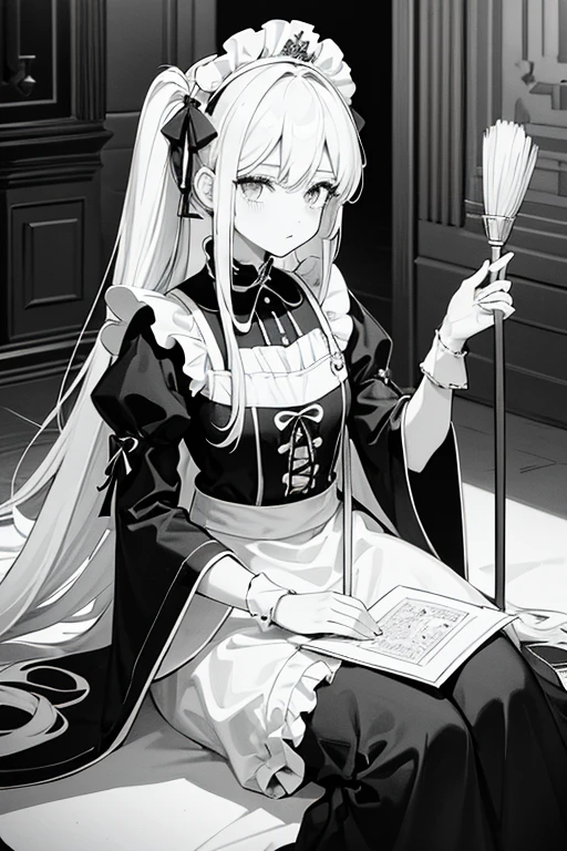 (in black and white_High contrast),A girl,line art,monochrome,palace,pencil drawing,traditional media,A girl,Maid outfit,long sleeve, broom in hand, humming、cute teenage girls, beautiful portrait、palaceブック、by rubio,Precioso palace,palace, broom in hand, humming