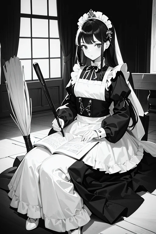 (in black and white_High contrast),A girl,line art,monochrome,palace,pencil drawing,traditional media,A girl,Maid outfit,long sleeve, broom in hand, humming、cute teenage girls, beautiful portrait、palaceブック、by rubio,Precioso palace,palace, broom in hand, humming