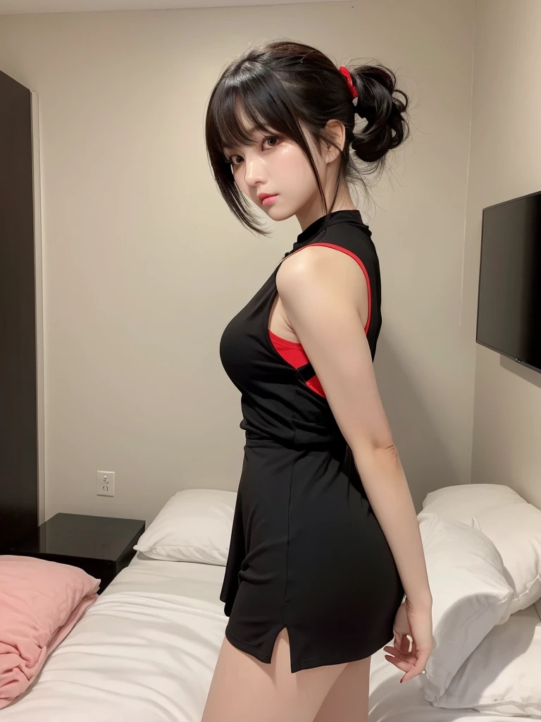 Standing pose Anime drawing with clear colors Tall woman:1.9 Black and red idol-style outfit, miniskirt, troubled face, glaring, wrinkles on eyebrows, tears, flushed cheeks, night:1.3 Apartment bedroom, white sheets, short black hair, ponytail:1.9 Straight hair, bangs swept to the side:1.9. Slanted eyes, brown eyes, tall, strong-willed, beautiful