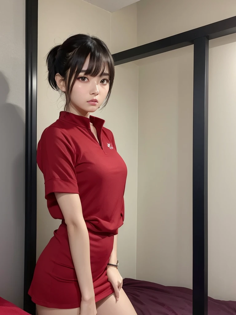 Standing pose Anime drawing with clear colors Tall woman:1.9 Black and red idol-style outfit, miniskirt, troubled face, glaring, wrinkles on eyebrows, tears, flushed cheeks, night:1.3 Apartment bedroom, white sheets, short black hair, ponytail:1.9 Straight hair, bangs swept to the side:1.9. Slanted eyes, brown eyes, tall, strong-willed, beautiful