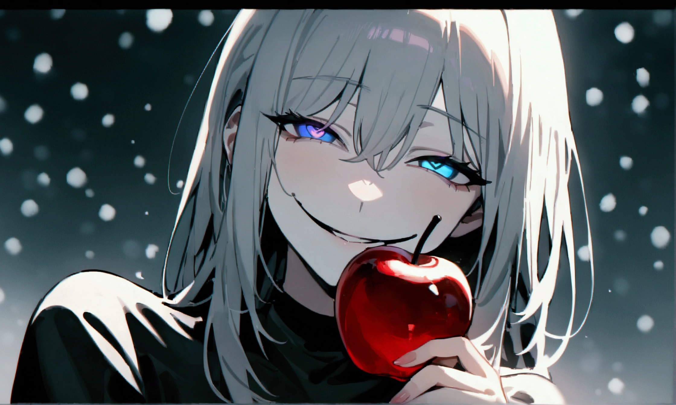 (masterpiece:1.2, Highest quality), (snow white:1.3), 1 female, whole body, casual, Minimal makeup, pale,Natural materials, Close-up face, (Wicked Smile:1.3), Bright Eyes,Hearts in the Eyes ,8K high resolution, Fine Lines, ((whole body)), (have a poison apple:1.2)