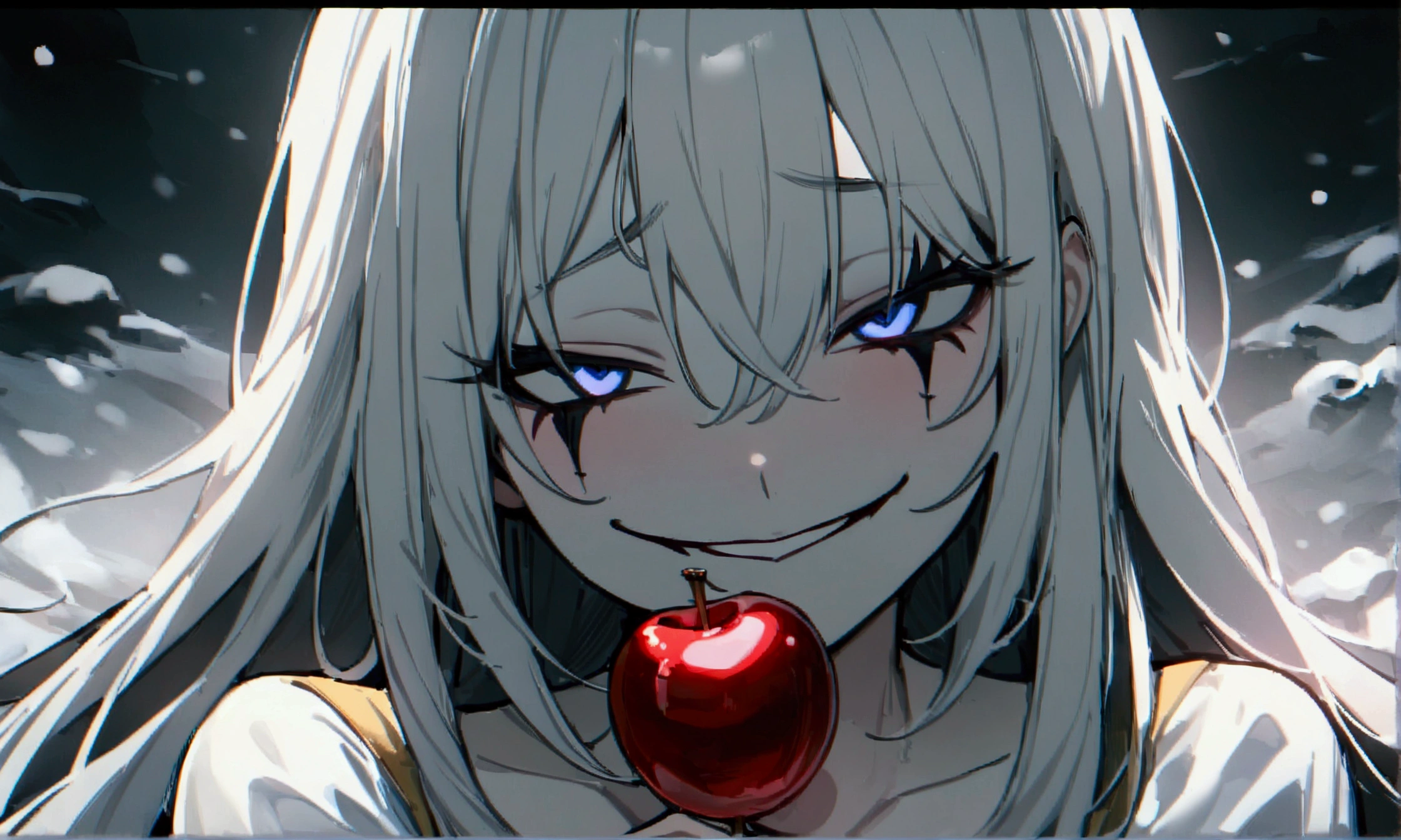 (masterpiece:1.2, Highest quality), (snow white:1.3), 1 female, whole body, casual, Minimal makeup, pale,Natural materials, Close-up face, (Wicked Smile:1.3), Bright Eyes,Hearts in the Eyes ,8K high resolution, Fine Lines, ((whole body)), (have a poison apple:1.2)